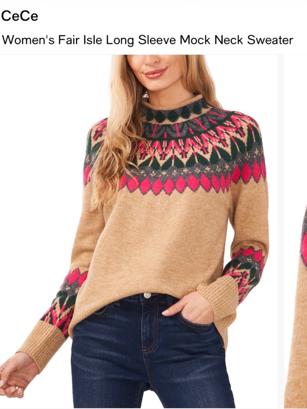 CeCe Fair Isle Long Sleeve Mock Neck Sweater